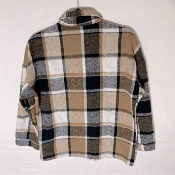 Women’s Tan Brown White Plaid Flannel Button Up Short Shacket S - Picture 2 of 14